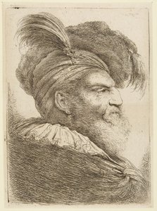 Hlava vousatého muže v klobouku s peřím od Giovanni Benedetto Castiglione