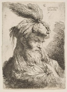 Hlava vousatého muže s turbanem obráceným vpravo, ze série Malé hlavy..., ca. 1645-1650. od Giovanni Benedetto Castiglione