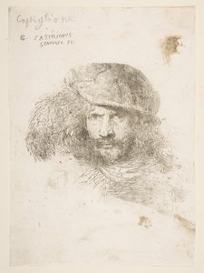 Hlava muže s opeřenou čepicí, možná Bernini, možná autoportrét..., ca. 1645-1650. od Giovanni Benedetto Castiglione