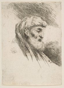 Hlava starého vousatého muže obrácená doprava, ze série Small Heads in Orien..., ca. 1645-1650. od Giovanni Benedetto Castiglione