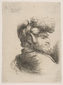 Muž z profilu obrácený vpravo, na hlavě kožešinovou čepici, ze série Small Heads in Orie..., ca. 1645-50. od Giovanni Benedetto Castiglione