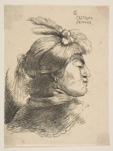 Muž v malém turbanu ozdobený chocholy a stuhou, otočený vpravo, od ..., ca. 1645-1650. od Giovanni Benedetto Castiglione
