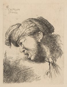 Muž v turbanu s kravatou kolem krku, tváří vlevo, ze série ..., ca. 1645-50. od Giovanni Benedetto Castiglione