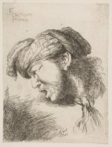 Muž v turbanu, vázanka kolem krku, otočená doleva, ze série..., 1645-1650. od Giovanni Benedetto Castiglione