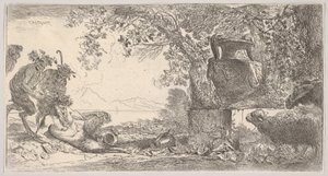 Vlevo sklopná pánev se dvěma stojícími satyry, vpravo velká váza na podstavci, ca. 1645. od Giovanni Benedetto Castiglione