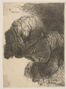 Mladý muž se skloněnou hlavou, v turbanu, tváří vlevo, ze série o..., ca. 1645-1650. od Giovanni Benedetto Castiglione