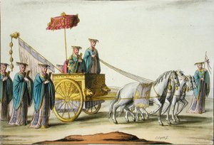 Císař antické dynastie ve svém kočáru, deska 13 z „Le Costume Ancien et Moderne“ od Julese Ferraria, vydáno kolem 20.–30. let 18. století (barevně lito)