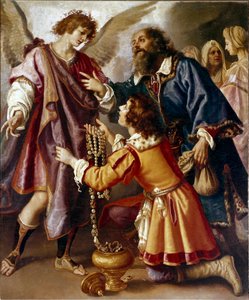 Archanděl Raphael odmítá dary Tobieho Tobita nabízející peníze Tobieho společníkovi Angelovi, který mu vrátil zrak. Obraz Giovanni Bilivert (1576-1644)