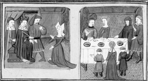 V Dekameronu Giletta žádá krále, aby jí dovolil provdat se za Beltrama di Rossiglione; Giletta Beltrama obdaruje svými dětmi. Třetí den, povídka 9 od Giovanni Boccaccio