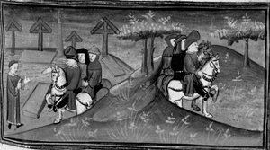 Dekameron, Betto Brunelleschi a jeho brigáda se setkávají s Guidem Cavalcantim; Betto vysvětluje Guidova slova svým přátelům. Den šestý, zpráva č. 9 od Giovanni Boccaccio