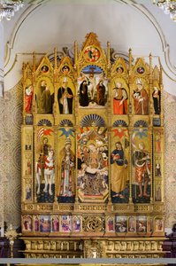 Polyptych s Madonou s dítětem na trůně mezi svatým Eustachem, svatým Petrem, svatým Jakubem Větším, svatým Venantiem, Beatem Guardatem, svatým Mikulášem z Bari, ukřižováním Krista, svatým Šebestiánem a svatým Eleutheriem, příběhy ze života svatého Eu.