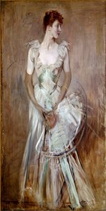 Krásné období: “” Portrét hraběnky z Leusse rozené Berthier””” Žena v elegantních bílých večerních šatech. Obraz Giovanniho Boldiniho (1842-1931) Sun. 200x105 cm Pistoia, kolekce Boldini od Giovanni Boldini