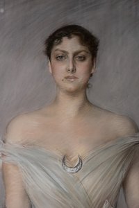 Portrét dámy v bílém s rukavicemi a ventilátorem, detail od Giovanni Boldini