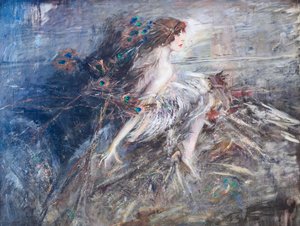 Portrét markýze Casati s pavími pery od Giovanni Boldini