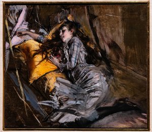 Ležící dívka v tartanových šatech od Giovanni Boldini