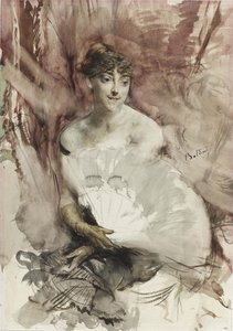 Žena s ventilátorem sedící v divadelním boxu Countess of Rasti, asi 1878 od Giovanni Boldini