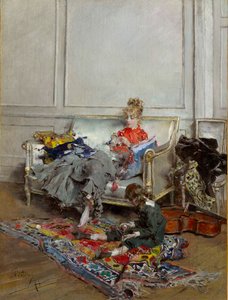Mladá žena háčkující od Giovanni Boldini