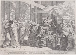Sebevražda Dido, která leží na hranici uprostřed, obklopená mnoha postavami, 1650-55. od Giovanni Cesare Testa