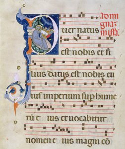 Ms 561 Page s historickou iniciálou „P“ zobrazující Narození Páně, z graduálu z kláštera San Jacopo di Ripoli, počátek 14. století (podrobnosti viz 78849)