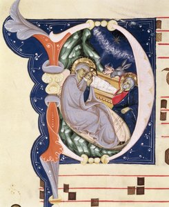 Ms 561 f.31v Historická iniciála „D“ zobrazující Narození Páně, z graduálu z kláštera San Jacopo di Ripoli, počátek 14. století