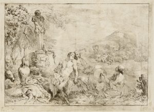 Krajina s rodinou satyrů a klasickou plastikou od Giovanni David after Giovanni Benedetto Castiglione