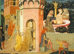 Stories of Susanne, cca 1450, pravá strana malované truhly od Giovanniho di Ser Giovanni, známého jako Lo Scheggia (1406-1486), tempera na panelu, Detail