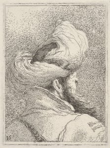 Vousatý muž v turbanu, zobrazený jako busta zezadu ve tříčtvrtečním pohledu, ze „Sbírky hlav“ (Raccolta di teste) od Giovanni Domenico Tiepolo