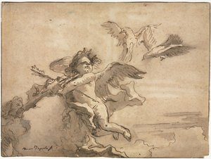Cupid se zavázanýma očima a dvě holubice, 1757 nebo později. od Giovanni Domenico Tiepolo