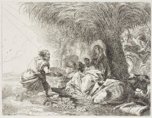 Joseph zbožňující dítě, zatímco dva andělé zpívají, deska devatenáctá z filmu Útěk do Egypta od Giovanni Domenico Tiepolo