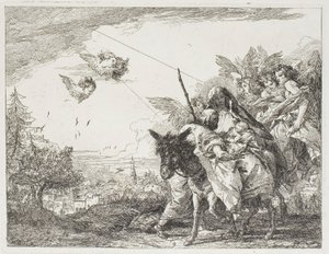 Josef se klaní dítěti, které drží v Mariině náručí, deska 9 z knihy Útěk do Egypta od Giovanni Domenico Tiepolo