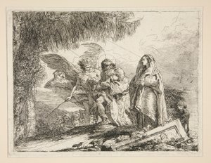 Joseph nesoucí Ježíše v náručí, ze série Idee pittoresche sopra la fuga in Egitto (Útěk do Egypta) od Giovanni Domenico Tiepolo