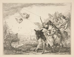 Josef uvažuje o Jezulátku ze série Malebné představy o útěku do Egypta (Flight into Egypt) od Giovanni Domenico Tiepolo