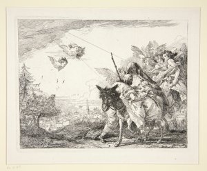 Josef uvažuje o Jezulátku ze série Malebné představy o útěku do Egypta (Flight into Egypt) od Giovanni Domenico Tiepolo