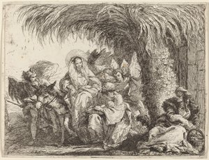 Josef klečí s dítětem před Marií na oslu od Giovanni Domenico Tiepolo