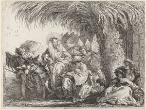 Josef klečí s dítětem před Marií na oslu od Giovanni Domenico Tiepolo