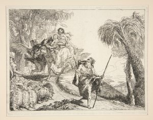 Josef s pannou a dítětem, ze série Idee pittoresche sopra la fuga in Egitto (Útěk do Egypta) od Giovanni Domenico Tiepolo