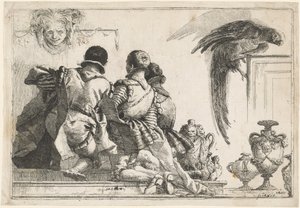 Klečící stránky, maska a papoušek od Giovanni Domenico Tiepolo