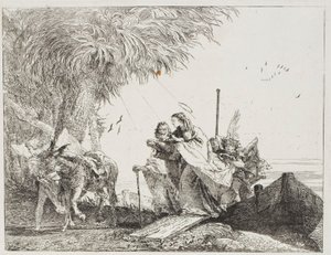 Marie, s pomocí Josefa a anděla, vystupování z člunu, deska osmnáct z Útěk do Egypta od Giovanni Domenico Tiepolo