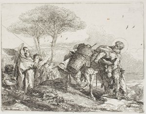 Marie, s pomocí dvou andělů, následuje Josefa s oslem, deska 25 z Útěk do Egypta od Giovanni Domenico Tiepolo