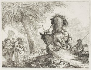 Marie, s pomocí anděla, a Josef nesoucí košík, míjející stádo, deska 24 z Útěk do Egypta od Giovanni Domenico Tiepolo