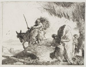 Marie, podporovaná dvěma anděly, následuje Josefa, deska 26 z Útěk do Egypta od Giovanni Domenico Tiepolo
