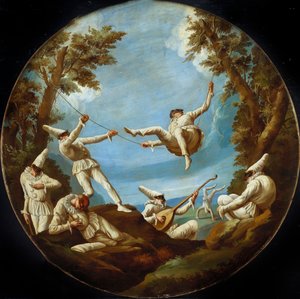 Punchinellos na houpačkách, dělá hudbu a dělá akrobacii v krajině od Giovanni Domenico Tiepolo