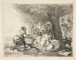 Svatý Josef adorující Jezulátko, ze série Idee pittoresche sopra la fuga in Egitto (Útěk do Egypta) od Giovanni Domenico Tiepolo