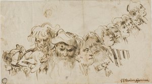 Náčrtky mužských hlav (recto); královna a strana (verso) od Giovanni Domenico Tiepolo