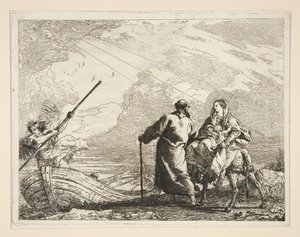 Svatá rodina přichází k břehu řeky, ze série Idee pittoresche sopra la fuga in Egitto (Útěk do Egypta) od Giovanni Domenico Tiepolo