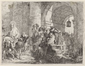 Svatá rodina přijíždí k městské bráně od Giovanni Domenico Tiepolo