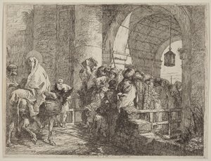 Svatá rodina přichází k městské bráně od Giovanni Domenico Tiepolo