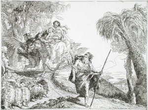 Svatá rodina sestupující lesní cestou poblíž stáda a několika pastýřů od Giovanni Domenico Tiepolo