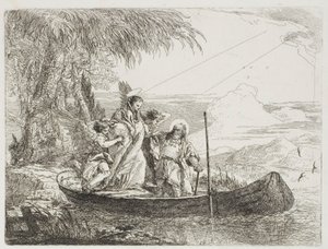 Svatá rodina nastupuje s pomocí andělů na loď, deska šestnáctá z Útěk do Egypta od Giovanni Domenico Tiepolo