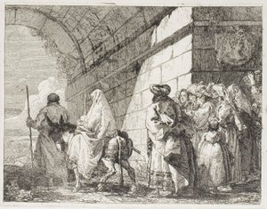 Svatá rodina odchází městskou bránou, deska sedm z Útěk do Egypta od Giovanni Domenico Tiepolo